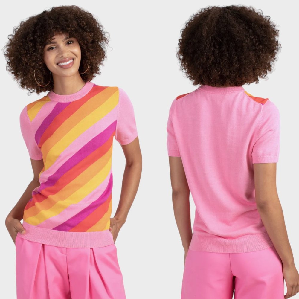 NWOT TRINA TURK Pink Striped Corrine Crewneck Short Sleeve Sweater Top Small